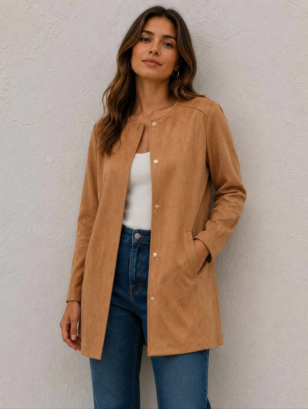 Marc New York Faux Suede Snap Front Camel-Tone Collarless Trench Coat